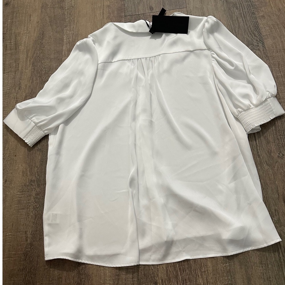 GiGi James Satin Puff Sleeve Button Down Subtle Sheen Blouse Large NWT $345 - Picture 2 of 6